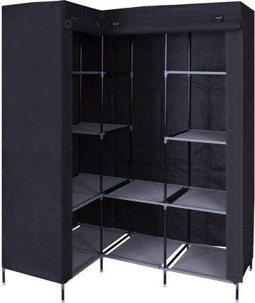 HK1Z Opvouwbare Kledingkast – 126 x 40 x 170 cm – 9 Legplanken – Stalen Frame - 90KG Draagkracht – Stoffen Garderobekast – Legkast Hoekmodel – Ruimtebesparende Kleerkast – Kampeerkast – 126 x 40 x 170 cm – Zwart