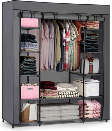 Dubbele Canvas Garderobekast - Opvouwbare Garderobe kast - Met Kleding Ophangrail en opslag planken - Stoffen Hangkast & Legkast - Kledingkast - Afm. 170 x 135 x 45 cm
