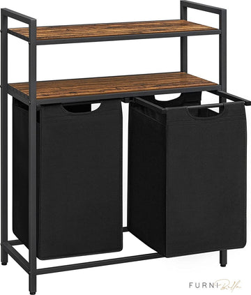 wasmand, wasverzamelaar, 2 compartimenten, 2 planken, wasbak, waszak uitschuifbaar en verwijderbaar, per zak 46 liter, voor badkamer, wasruimte, vintage bruin-zwart BLH211B01