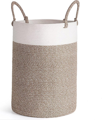 Wasmand, gevlochten van katoen, touwmand met handgrepen, grote opbergmand voor speelgoed in de kinderkamer, dekens in de woonkamer, D 35 x H 50 cm, wit en bruin