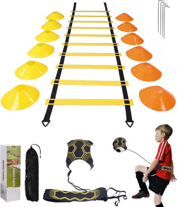 Solo Training Behendigheidsladder - Kick Trainer voor Voetbal - 6 Meter - 12 Schijf Kegels - Snelheid en Behendigheid Trainingsspellen Voetalbal trainingsmateriaal