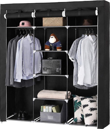 Eleganca Opvouwbare Kledingkast – L150 x B45 x H175 cm – Stoffen Garderobekast – Camping Kast – Opbergkast Slaapkamer - Ruimtebesparende Kleerkast - 9 Stoffen Planken en 2 Ophangstangen – 200 kg Draagkracht – Zwart