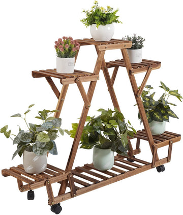 Plantenrek op wielen - Wandrek - Planten - Driehoek vorm - Ladder Kast - 6 Planken - 6 Laags - Hout - Binnen/buiten