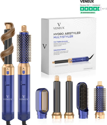 VENEUX® Föhnborstel - Airstyler - Krulborstel - Krultangen - 5 in 1 Multistyler – Blauw Met Goud - 2025 Editie