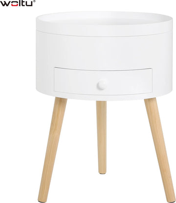 Nachtkastje - Bijzettafel - Industrieel - Houten Nachtkastje - Wit - Rond - Met lade