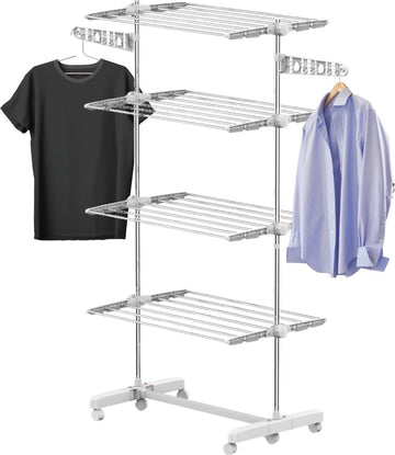 Droogrek - Wasrek - Wasdroogrek - Droogtoren - Waslijn uittrekbaar - Verrijdbaar - Inklapbaar - 4 niveaus - H172 cm