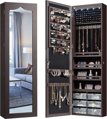 Sieradenkast met 5 LED-verlichting, afsluitbare wand- / deurgemonteerde sieradenkast met grote spiegel en 6 acryl lades, sieradenorganisator met grote capaciteit voor meisjes, vrouwen (Bruin)