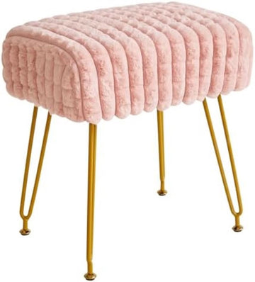 Rechthoekige voetensteun kruk Ottomaanse, make-up ijdelheid kruk bijzettafel, Fluwelen kaptafel stoel, Poef bank kruk, Gouden stalen poten, Vierkant raster patroon, Roze