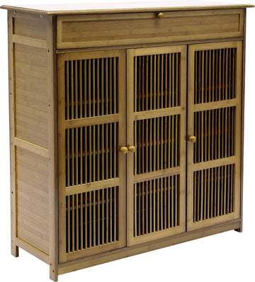 J&R Schoenenkast - Houten kast - 3 deuren - 4 planken - Opbergvak - Keukenkast - Gangkast - Eetkamerkast - Bamboe - Dressoir - Lichtbruin