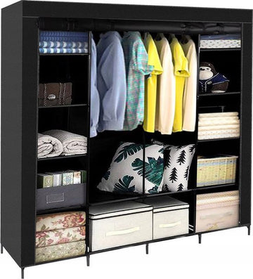 Stoffen Kledingkast XXL 170 x 170 x 42 cm - Campingkast - 14 Planken - 3 Deuren - 2 Ophangstangen - Zwart