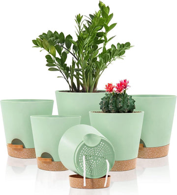 Zelfwaterende plantenpotten - Plastic bloempotten met afvoergaten en schotel - Binnen 20/17.5/16.5/15/14/12.5cm - Zelf water gevende plantenpotten voor kamerplanten Bloempot