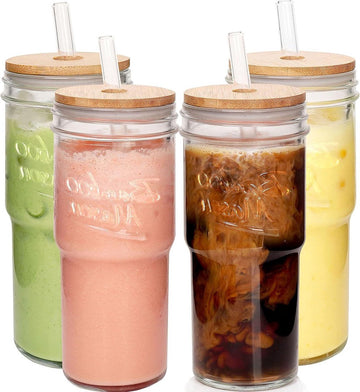 Glazen bekers met deksels en rietjes - set van 4 - 680 ml - reiskoffiemok - brede mond - Mason Jar - Iced Coffee Cup - Smoothie Cup - Glas Tumbler - Thee Cup - Clear - Leuke Water Cups - Drinken Potten - Glazen