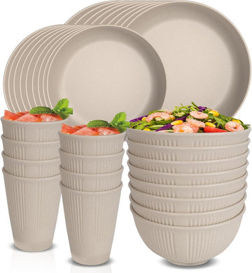 Servies Sets voor 8 Personen - Plastic Borden en Kommen Set - Herbruikbaar Servies - Magnetron en Vaatwasmachinebestendig - Camping Picknick Home Party Diner Set - 16 stuks Borden 8 stuks Kommen 8 borden set 6 person