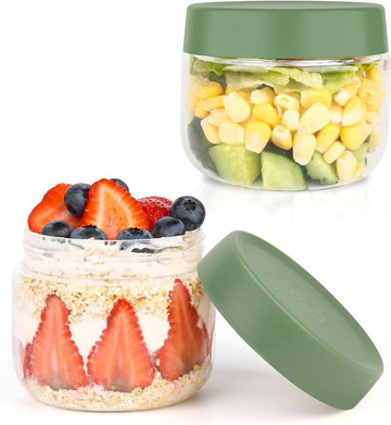 Muesli beker 300ml 2 stuks - potjes voor overnight oats - luchtdicht deksel - voorraadpotjes - ronde glazen bakjes - meal prep - yoghurt muesli pap - groene deksel