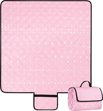 Picknickdeken, waterdicht, 200 x 200 cm, draagbaar, zandvrij, met handgreep, opvouwbaar, wasbaar, outdoor campingdeken voor 4-6 personen in het park, tuin, gazon, BBQ, wandelen, roze geometrisch
