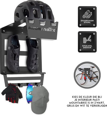 Mountabike WAVE Fiets Ophangsysteem - Extra zwaar - Fiets muurbeugel - Fiets ophangbeugel - Inclusief haken voor fiets accessoires - Zwart