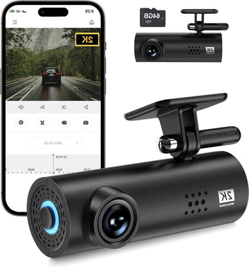 Auto achter Dashcam, 2K + 1296P WiFi, 64G SD-kaart, 170° groothoek, loopopname, nachtzicht, parkeermodus Dashcam voor auto