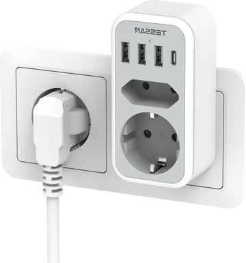 Dubbele Stekkeradapter Stopcontact USB C - 2 voudig met 4 USB Netstekker - Meervoudige Stekker en USB C Adapter Grijs