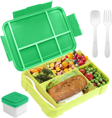 Lunchbox 1300 ml, lekvrij, broodtrommel voor kinderen met 5 vakken en bestekset, BPA-vrij, broodtrommel voor kinderen en volwassenen, voor magnetron, vaatwasser (groen)