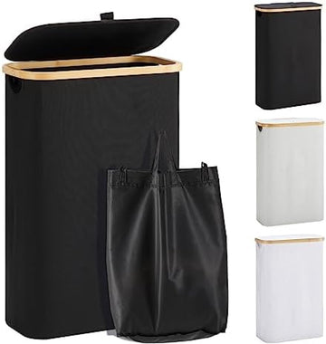 Wasmand met deksel, 48 liter, wasverzamelaar, smal, met waszak, opvouwbare wasmand, hout, bamboe, hoge wasmand