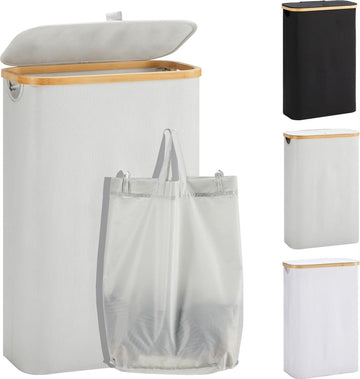 Wasmand met deksel - 48 liter - wasverzamelaar - smal - waszak - opvouwbare wasmand - hout - bamboe - hoge wasmand - grijs Wasmand 2.0