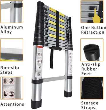 Telescopische Vouwladder - Telescopische Ladders - Soft Close - Werkhoogte 3,2 m - zilverachtig