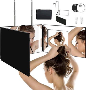 360 Degree Mirror, Rechargeable LED 3 Way, Height Adjustable up to 21 Inches, Hanging Anywhere, Portable Makeup Mirror with Lighting for Hair Cutting, Shaving, Makeup