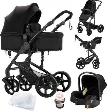 3 In 1 Kinderwagen - Luxe Buggy - Wandelwagen - Babywagen - Inclusief Maxi Cosi - Baby Stroller - Baby Autostoel - Inclusief Accessoires - Zwart - 42x45x103 cm.