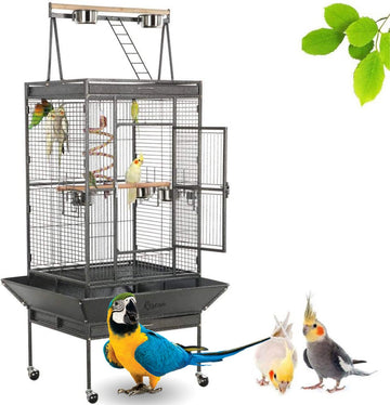 Papegaaienkooi – 3-IN-1 - Parkietenkooi Op Voet & Wieltjes – Grote Vogelkooi Voor Binnen – Voliere – Vogelkooien – Inclusief Accessoires - Zwart