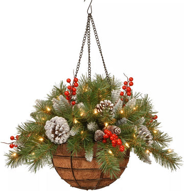 Kunstbloemen Mand - Kerst Hangmand - Versierd met matte dennenappels, bessen - Met warm witte LED-verlichting - Geschikt voor kerstdecoratie