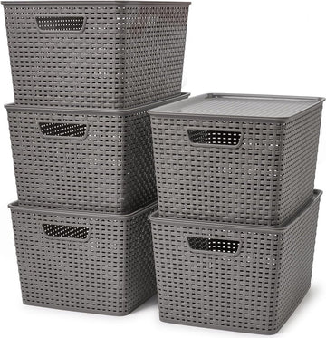 20 l opbergmand met deksel van kunststof, 5-delige set, mand, opbergkist in rotan-look voor keuken, kledingkast, kast