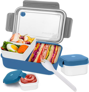 Broodtrommel met vakken, 1500 ml, lunchbox voor volwassenen/kinderen, snackbox met bestek en klein blikje, bestendige broodtrommel met onderverdeling, bentobox voor school, werk, picknick, reizen (blauw)