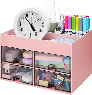 21 cm Bureau-organizer Pennenhouder voor op het bureau met lade Multifunctionele bureau-organizer Netjes opbergen van kantoorartikelen voor school, thuis en kantoor Roze