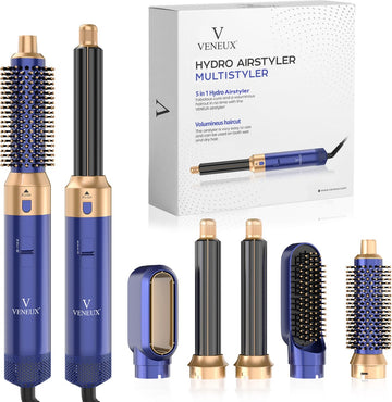VENEUX® Föhnborstel - Airstyler - Krulborstel - Krultangen - 5 in 1 Multistyler – Blauw Met Goud