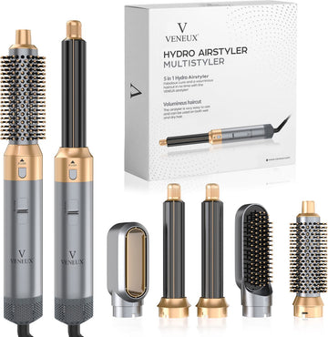 VENEUX® Föhnborstel - Airstyler - Krulborstel - Krultangen - 5 in 1 Multistyler – Grijs Met Goud
