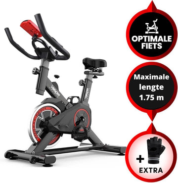 Venom Sports Hometrainer fiets – Hometrainer Fitness - Professionele indoor bike met lage instap – Hoge Stabiliteit – V-belt aandrijving – Tot 175cm en 150kg – Zwart/Rood