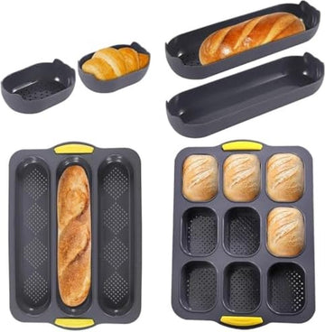 Set van 6 siliconen bakvormen, 3 rasters mini-bakplaat, 9 rasters siliconen broodblik voor bakken, non-stick geperforeerd, voor het bakken van broden, Franse brood, broodstengel, broodjes