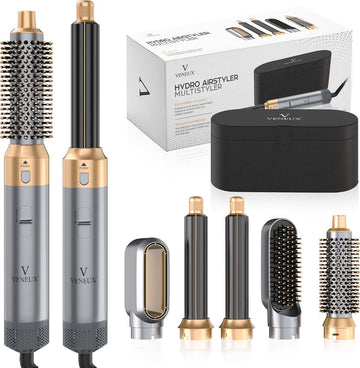 VENEUX® Föhnborstel - Airstyler - Krulborstel - Krultangen - 5 in 1 Multistyler - Met Opbergcase - Grijs Met Goud