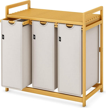 Wasmand met bamboeframe 150 l 3 vakken boogdesign wassorteerder lichtgrijs 06-16 - extra groot formaat duurzaamheid wasmand 3 vakken
