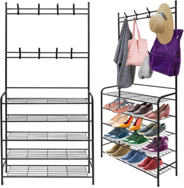 Eleganca Kledingrek met planken – 170 x 79 x 25 cm – Schoenenrek – Garderoberek – Ruimtebesparend – Stevig en stabiel – 2-in-1 hangerrek - 5 planken - Metaal - Zwart