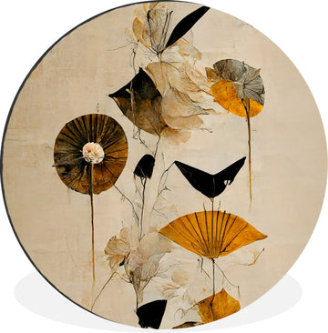 WallCircle - Wandcirkel - Muurcirkel - Bloemen - Vintage - Planten - Goud - Aluminium - Dibond - ⌀ 140 cm - Binnen en Buiten