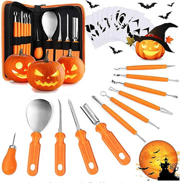 Pompoen Snijset Gereedschap Uitsnijden Uithollen Van Pompoenen Halloween Inclusief Opbergtasje En 10 Papier Sjablonen