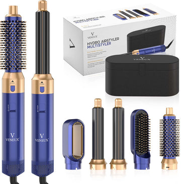 VENEUX® Föhnborstel - Airstyler - Krulborstel - Krultangen - 5 in 1 Multistyler - Met Opbergcase - Blauw Met Goud