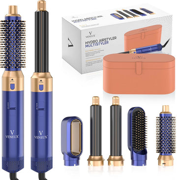 VENEUX® Föhnborstel - Airstyler - Krulborstel - Krultangen - 5 in 1 Multistyler - Met Opbergcase - Blauw Met Goud