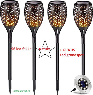 Solar fakkel Tuinverlichting lantaarn zonne-energie buitenverlichting tuinfakkels 96 led buiten tuinlamp Set 4 stuks inclusief LED grondspot