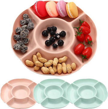 Snackborden met 5 Vakken - 4 Stuks Snackschalen - Plastic Snackborden - Fruitborden van Kunststof - Herbruikbaar - Duurzaam voor Noten - Desserts (Roze - Groen)