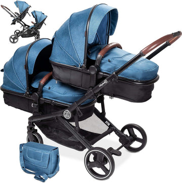 3-in-1 Kinderwagen voor tweelingen - Baby's en kinderwagen voor broers en zussen - Tweelingwagen voor 2 kinderen met accessoires - Blauw melange (exclusief babyzitje) Duo kinderwagen