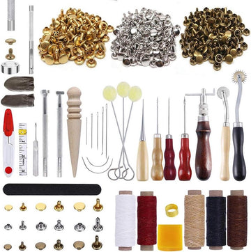 336Pcs Leather Craft Tools Kit - DIY Leather Working Tool Set with Snap Fasteners - Leather Punch Hole Hand Craft Drilling Grinding Sewing Stitching Stamping Carving