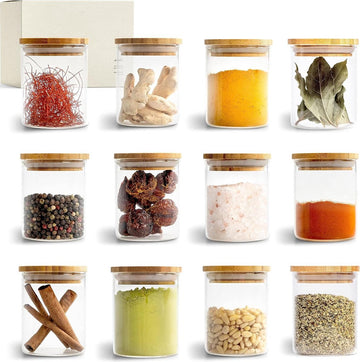 Stapelbare Kruidenpotjes Bamboe 150ml - Glazen Voorraadpotten Set - Spice Jars - Kruiden Organizer - Glazen Potjes Voorraadbussen - Thee Voorraaddozen kruidenpotjes vierkant