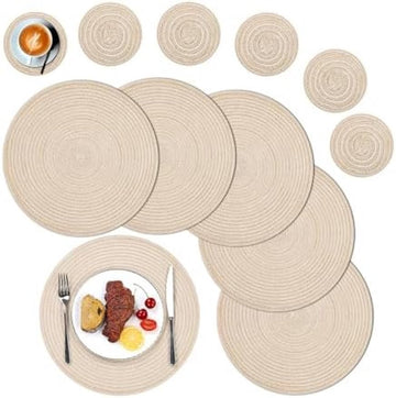 Ronde placemats en onderzetters, set van 6, ronde gevlochten geweven placemats, wasbare tafelmatten en onderzetters, hittebestendige tafelmatten voor keuken, eettafel, thuisrestaurant